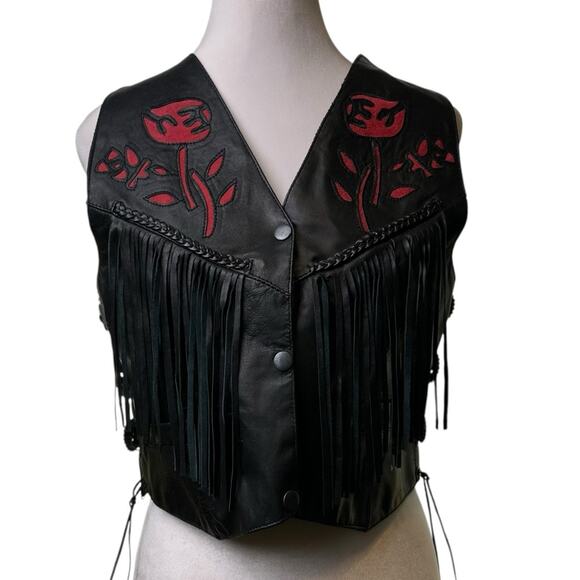 VTG Biker Leather Club Sheep Leather Vest Red Rose Detail Fringe Concho Sz Small - Picture 1 of 6